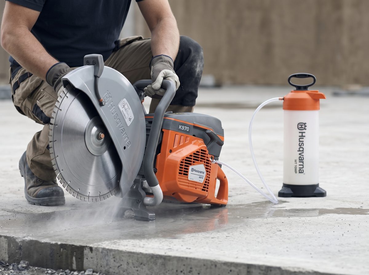 Husqvarna K970 darbībā &mdash; Mitrā griešana ar tvertni